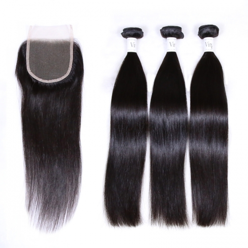 100% Vingin Human Hair Straight 3 Bundles with Closure