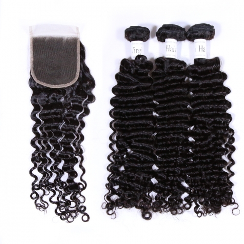 100% Vingin Human Hair Deep Wave 3 Bundles with Closure