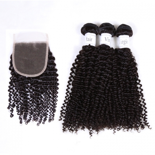 100% Vingin Human Hair Deep Curly 3 Bundles with Closure