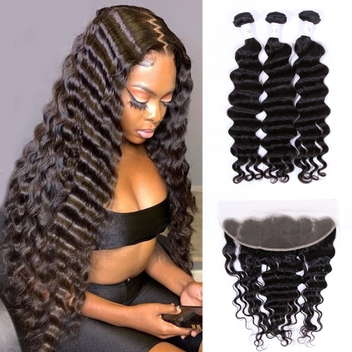 100% Vingin Human Hair Loose Wave 3 Bundles With Frontal